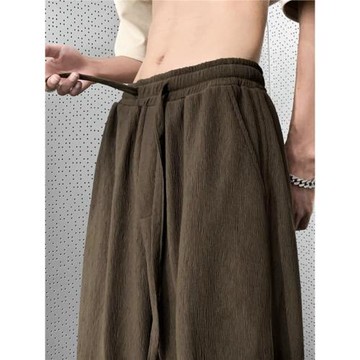 棉麻冰絲褲子男夏季薄款褶皺設計感闊腿褲痞帥高級感垂感休閑長褲