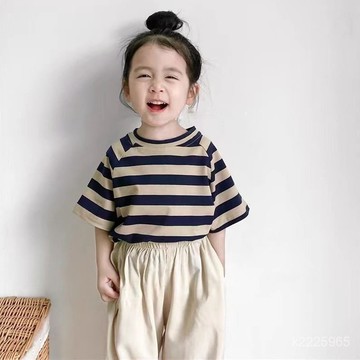 🍀AY🍀 兒童短袖 男童短袖 女童短袖 兒童短袖T恤 夏裝新款 洋氣兒童韓版寬鬆條紋短袖 寶寶百搭休閒短袖T恤