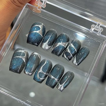 ✨Hannah✨純手工【電光貓眼】透黑色藍色貓眼閃亮金屬綫條穿戴甲精緻穿戴甲 HJ6W