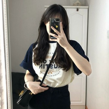 L-4XL 大尺碼港味chic短袖t恤女夏季寬松遮肉拼接撞色上衣ins潮