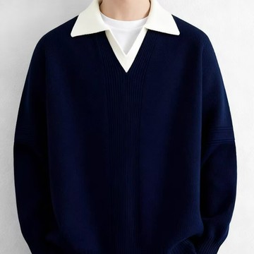 美式假兩件襯衫領拼接撞色短款衛衣男春季潮牌寬松休閑套頭衫