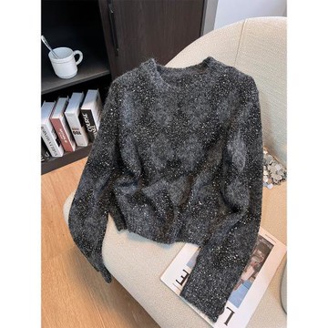 韓系菱格細閃圓領針織衫女秋冬新款慵懶風復古寬松軟糯百搭毛衣24