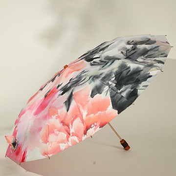 沛欣復古風平面傘 中國風16骨木柄防風防雨國畫牡丹三折疊晴雨傘