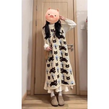 大碼卡通小貓咪提花毛衣背心裙女春秋新款胖mm顯瘦減齡針織連衣裙