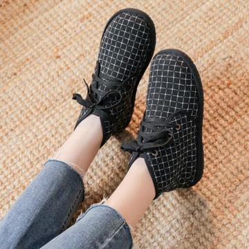 老北京高幫棉麻布鞋短毛絨短款女布靴子棉鞋保暖時尚休閑平底女鞋