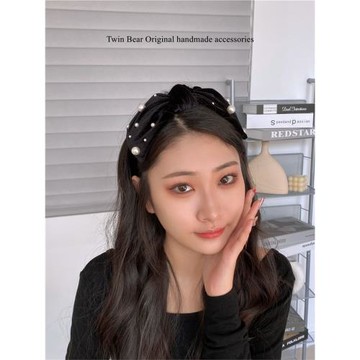 精致高端黑色絲絨頭頂蝴蝶結釘珠輕奢發箍增高顱頂顯臉小發卡頭箍