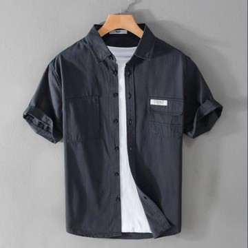 日系休閑工裝短袖襯衫男夏季純棉雙口袋帥氣有型質感百搭港風上衣