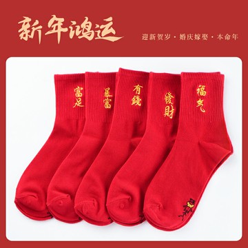 紅襪子本命年女潮純棉中筒襪網紅款一家三口屬虎過年超火男