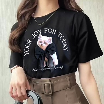 日本 GRL - 薄紗蝴蝶結貓咪印花短袖上衣-黑 (F)