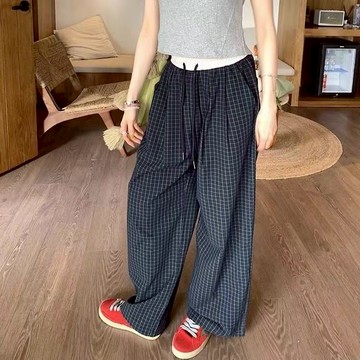 長褲 INS美式復古格紋鬆緊腰涼感高腰寬褲女生夏天穿搭顯瘦直筒休閒褲大碼女裝 10816