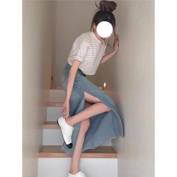 牛仔半身裙夏季開叉不規則韓版高腰修身顯瘦包臀A字長裙配T恤套裝
