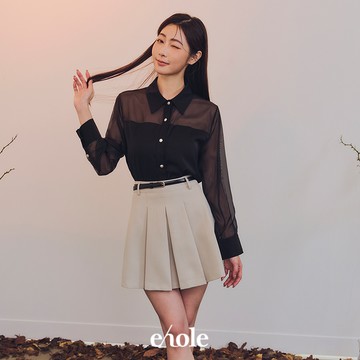 透紗拼接雪紡襯衫-黑