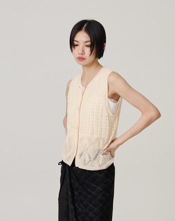 仿麻鏤空開襟針織背心(兩色)
