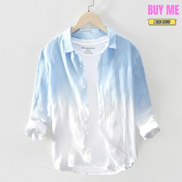 【清新漸變】男士襯衫 亞麻襯衫 長袖襯衫 休閒襯衫 男裝襯衣 商務休閒 翻領設計 透氣舒適 一件代發734