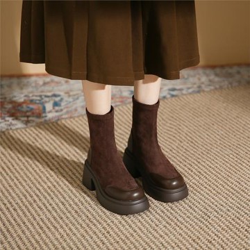 真皮小個子馬丁靴女高跟靴2025新款秋冬季厚底短靴粗跟彈力瘦瘦靴