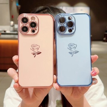 電鍍側邊玫瑰花 防摔軟殼 手機殼 適用 iPhone16 15 14 13 12 11 ProMax XS XR 保護殼
