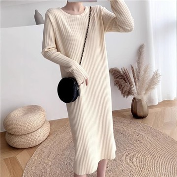 ParrotFashion 針織洋裝 秋冬套頭針織衫圓領長袖素色洋裝女寬鬆長款過膝素色毛衣打底裙