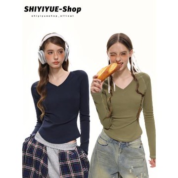 SHIYIYUE自制別致V領T恤女長袖秋冬上衣韓系抽褶修身短款打底衫