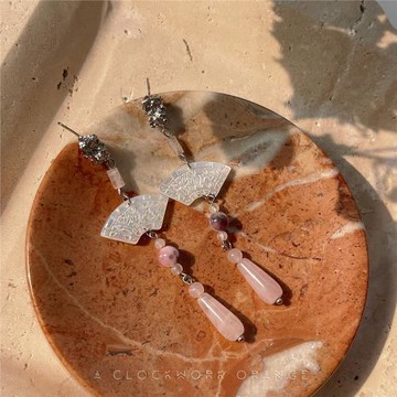 「粉扇」原創設計新中式耳環耳夾天然貝殼雕花粉晶水滴暈染氣質女