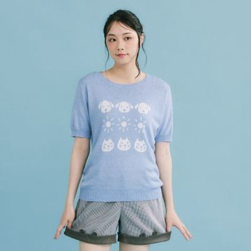 【Dailo】萌寵樂園趣味緹花圓領針織上衣 藍 粉 灰(魅力商品)