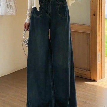 寬褲高腰闊腿牛仔褲女小個子秋季新款胖mm大碼寬鬆慵懶風鬆弛感褲子女