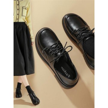 黑色工作小皮鞋女2025新款百搭平底皮面英倫學院風樂福鞋系帶單鞋