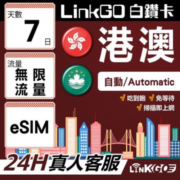 LINKGO白鑽卡 港澳 eSIM卡 7天上網卡 吃到飽不降速 無限流量高速穩定(港澳網卡 香港 澳門 虛擬卡)