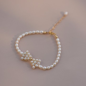 珍珠手鍊純銀手鏈-鍍14K金蝴蝶結串珠女飾品74ao19【獨家進口】【米蘭精品】