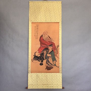 新品古玩字畫復古絹布中堂畫掛軸卷軸裝飾掛畫仿古字畫老子出關圖
