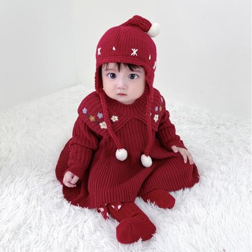 女寶寶春秋款秋冬酒紅色針織裙子嬰兒連衣裙針織繡花公主毛衣裙