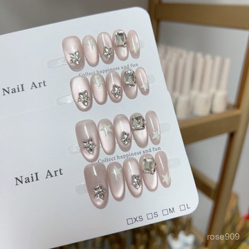 ➕最新設計款穿戴甲💅清透星星y2k清冷純慾風玻璃珠貓眼顯白高級簡約小衆純手工穿戴甲短橢圓穿戴甲 YQJW