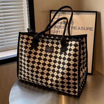 ⚡臺灣出貨⚡帆布包女生外出上班族通懃大容量格子百搭單肩學生上課通懃手提袋