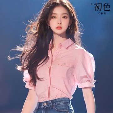 初色 韓系翻領口袋蝴蝶結泡泡袖燈籠袖公主袖短袖襯衫-粉色-35957(M-2XL可選)