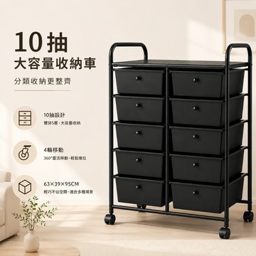 【Roomix】10層移動式抽屜收納車 空間救星 台灣製 黑色置物架 辦公活動櫃 美容美甲推車 玩具收納箱 文件櫃  (附輪/DIY)