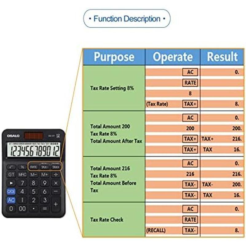 卓上電卓 大型LCDディスプレイ 12桁 数字ビッグボタン 税金会計計算機 電池式 太陽光発電 デスク オフィス 自宅 ビジネス用 (OS-