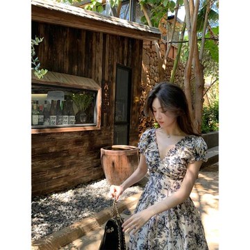 雨菲V領印花收腰顯瘦設計感a字連衣裙2025新款復古百搭水墨風裙子