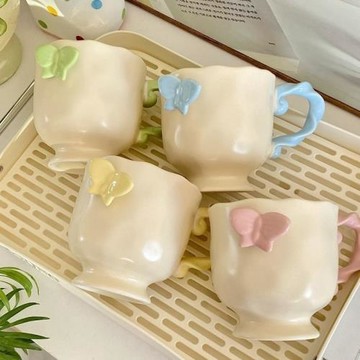 夢幻蝴蝶結高顏值浮雕家用創意早餐牛奶杯陶瓷水杯子咖啡杯馬克杯