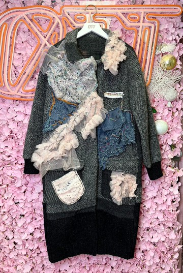 OTT獨一無二•Unique日系浪漫風粉色layser牛仔洗水粒粒絨長褸