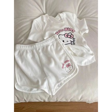🔥臺灣出貨🔥2024夏季HelloKitty貓套裝女可愛卡通印花純色短袖百搭三分短褲潮 運動短褲 運動褲 美式短褲