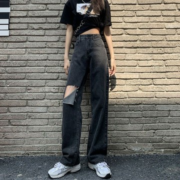 牛仔寬褲女 大尺碼牛仔褲 高腰直筒褲女 顯瘦長褲 韓版牛仔褲女 秋冬新款直筒牛仔褲女破洞泫雅寬松顯瘦百搭高腰闊腿拖地垂感