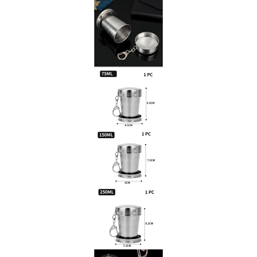 ステンレス製折りたたみ式トラベルカップ,アウトドアトラベルベルト付きキーホルダー,格納式,ポータブル,コーヒーカップ,75ml 150ml 250ml
