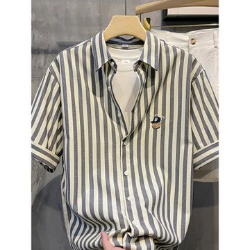 外貿高端專柜好貨2026夏季新款刺繡襯衫男士條紋短袖百搭簡約方襯