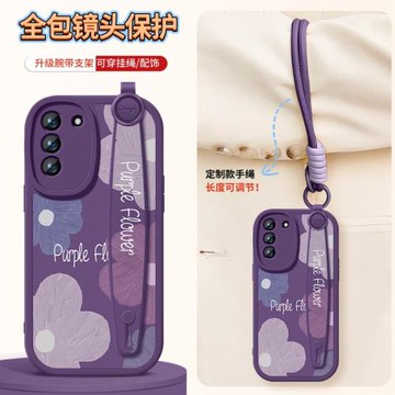 適用三星s21手機殼簡約s21fe保護套斜挎腕帶紫色小花s21+皮紋硅膠軟殼s21ultra全包防摔Galaxy掛繩背帶女外殼