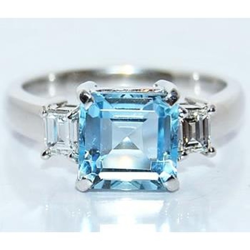 スクエアカット アクアマリン-1.85ct＆角ダイヤモンド プラチナ