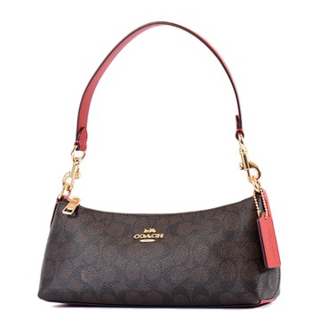 COACH Charlotte 緹花LOGO防刮拉鍊肩背包-咖啡紅