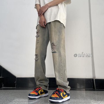 黃泥牛仔褲男夏季薄款破洞褲子美式復古高街褲男士直筒寬松休閑褲