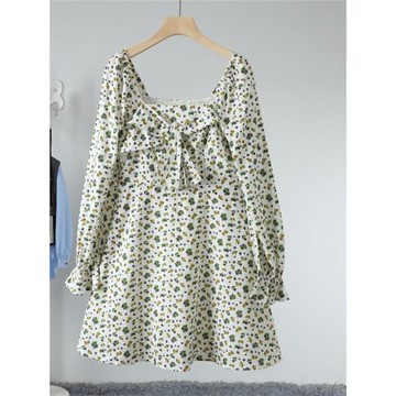 諾諾E站【町】2025春季新款 一字肩碎花蝴蝶結長袖連衣裙 剪標女