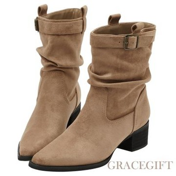 【Grace Gift】悅悅聯名-都會格調尖頭絨布2way堆堆低跟西部靴 卡其