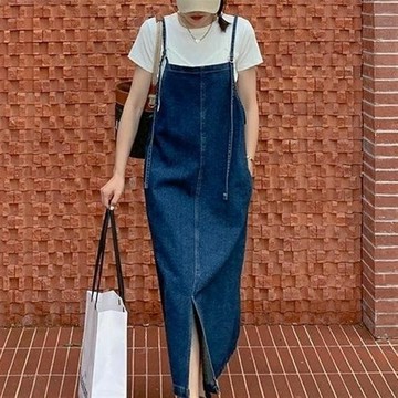 ✨U家女裝✨弔帶牛仔連衣裙女2022夏季新款寬鬆減齡開叉牛仔長裙薄款學生女潮