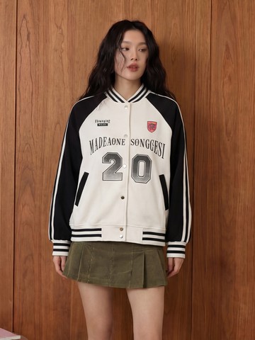 數字印花撞色棒球外套